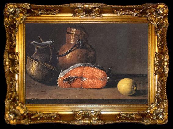 framed  Luis Melendez Still Life with Salmon, a Lemon and Three Vessels, ta009-2